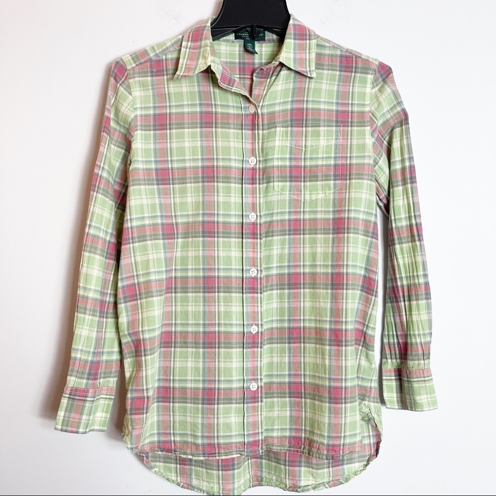 LRL Ralph Lauren Jeans Co Button Front Shirt Long Sleeve Green Plaid Women PSX
